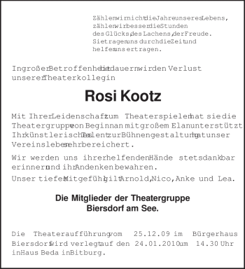 Todesanzeige von Rosi Kootz von TRIERISCHER VOLKSFREUND