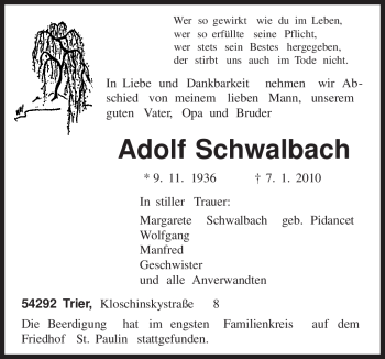 Todesanzeige von Adolf Schwalbach von TRIERISCHER VOLKSFREUND