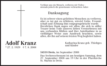 Todesanzeige von Adolf Kranz von TRIERISCHER VOLKSFREUND