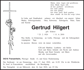 Todesanzeige von Gertrud Hilgert von TRIERISCHER VOLKSFREUND