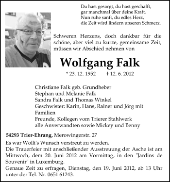 Todesanzeige von Wolfgang Falk von TRIERISCHER VOLKSFREUND