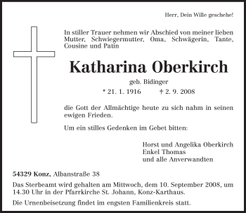 Todesanzeige von Katharina Oberkirch von TRIERISCHER VOLKSFREUND