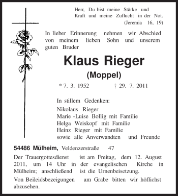 Todesanzeige von Klaus Rieger von TRIERISCHER VOLKSFREUND