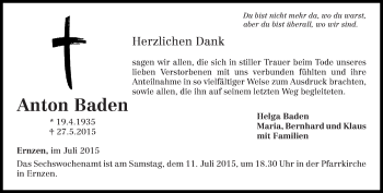 Todesanzeige von Anton Baden von trierischer_volksfreund