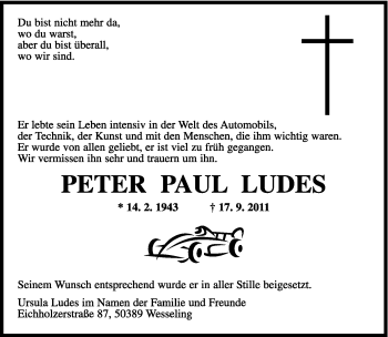 Todesanzeige von Peter Paul Ludes von TRIERISCHER VOLKSFREUND