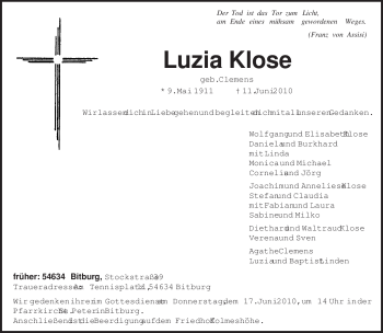 Todesanzeige von Luzia Klose von TRIERISCHER VOLKSFREUND