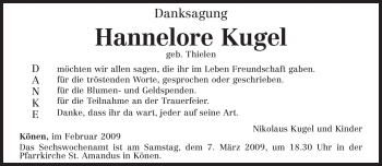 Todesanzeige von Hannelore Kugel von TRIERISCHER VOLKSFREUND