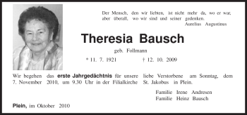 Todesanzeige von Theresia Bausch von TRIERISCHER VOLKSFREUND