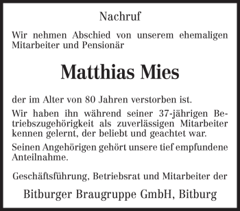 Todesanzeige von Matthias Mies von TRIERISCHER VOLKSFREUND