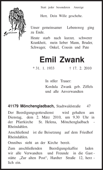 Todesanzeige von Emil Zwank von TRIERISCHER VOLKSFREUND