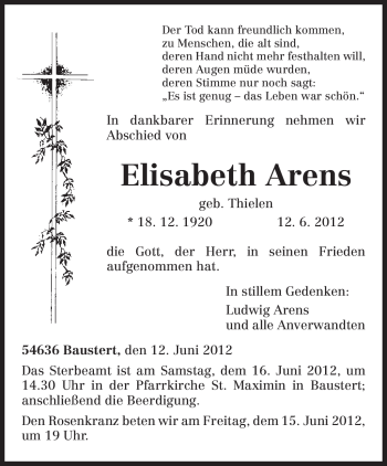 Todesanzeige von Elisabeth Arens von TRIERISCHER VOLKSFREUND
