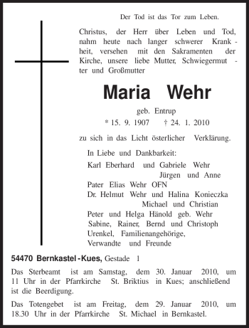 Todesanzeige von Maria Wehr von TRIERISCHER VOLKSFREUND
