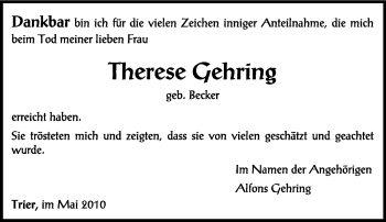 Todesanzeige von Therese Gehring von TRIERISCHER VOLKSFREUND
