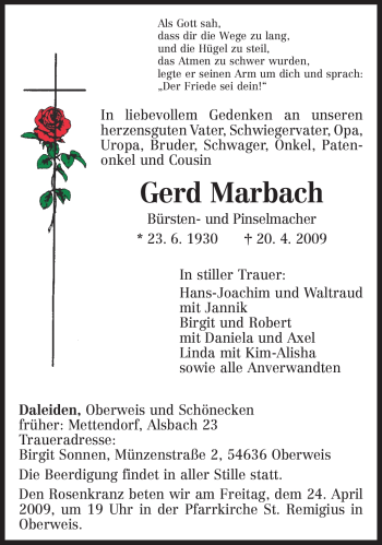 Todesanzeige von Gerd Marbach von TRIERISCHER VOLKSFREUND