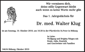 Todesanzeige von Walter Klug von TRIERISCHER VOLKSFREUND
