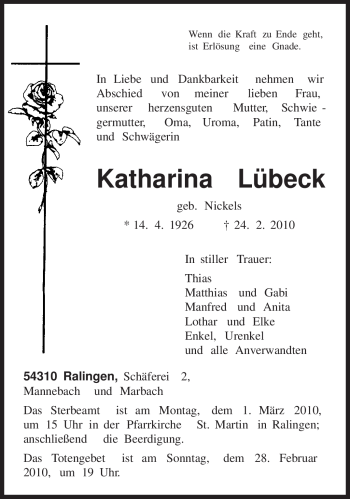 Todesanzeige von Katharina Lübeck von TRIERISCHER VOLKSFREUND