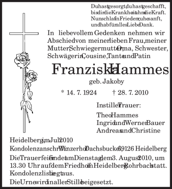 Todesanzeige von Franziska Hammes von TRIERISCHER VOLKSFREUND