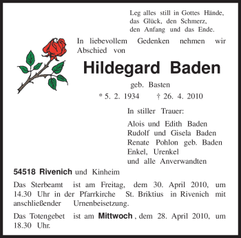Todesanzeige von Hildegard Baden von TRIERISCHER VOLKSFREUND