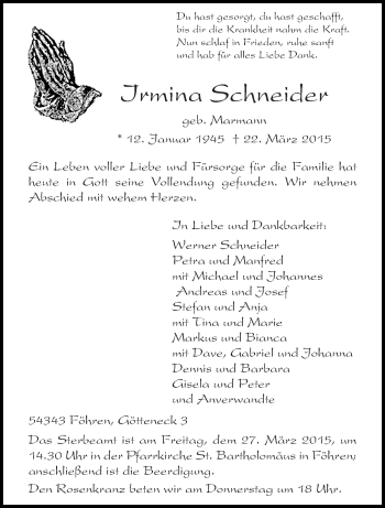 Todesanzeige von Irmina Schneider von trierischer_volksfreund