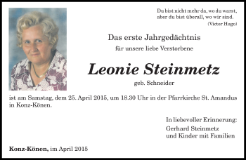 Todesanzeige von Leonie Steinmetz von trierischer_volksfreund