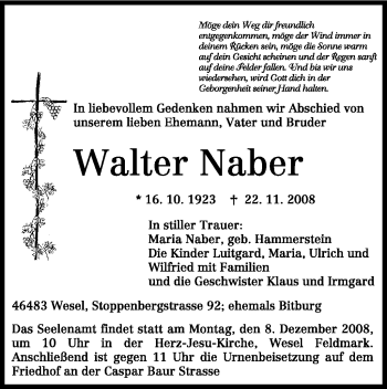Todesanzeige von Walter Naber von TRIERISCHER VOLKSFREUND