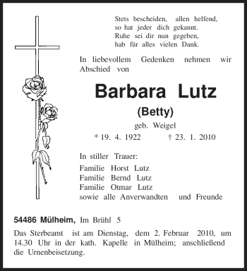 Todesanzeige von Barbara Lutz von TRIERISCHER VOLKSFREUND