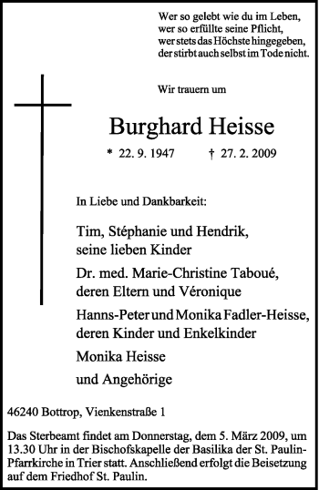 Todesanzeige von Burghard Heisse von TRIERISCHER VOLKSFREUND