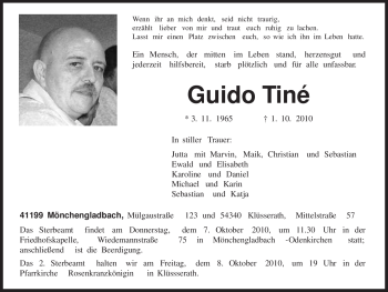 Todesanzeige von Guido Tiné von TRIERISCHER VOLKSFREUND