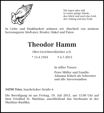 Todesanzeige von Theodor Hamm von trierischer_volksfreund