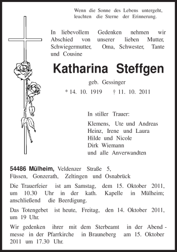 Todesanzeige von Katharina Steffgen von TRIERISCHER VOLKSFREUND