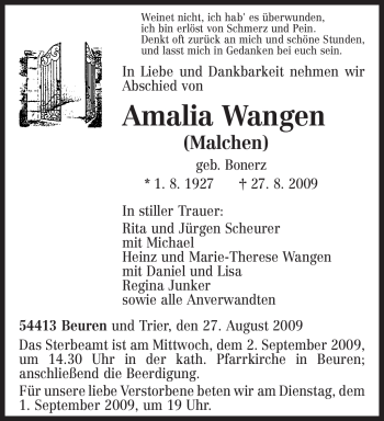 Todesanzeige von Amalia Wangen von TRIERISCHER VOLKSFREUND