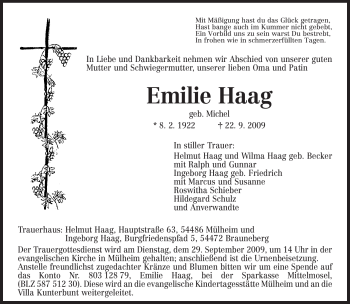 Todesanzeige von Emilie Haag von TRIERISCHER VOLKSFREUND