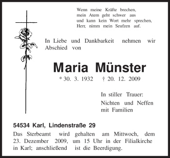Todesanzeige von Maria Münster von TRIERISCHER VOLKSFREUND