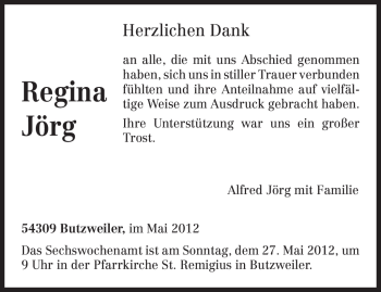 Todesanzeige von Regina Jörg von TRIERISCHER VOLKSFREUND