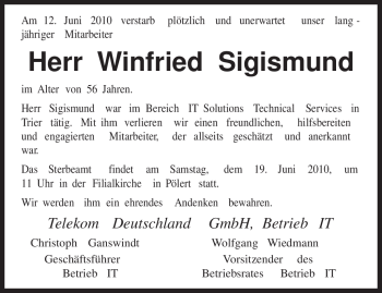 Todesanzeige von Winfried Sigismund von TRIERISCHER VOLKSFREUND