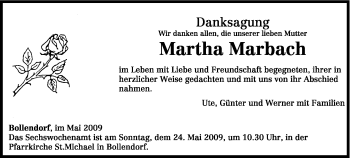 Todesanzeige von Martha Marbach von TRIERISCHER VOLKSFREUND