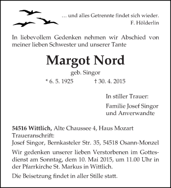 Todesanzeige von Margot Nord von trierischer_volksfreund