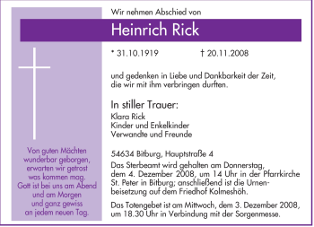 Todesanzeige von Heinrich Rick von TRIERISCHER VOLKSFREUND