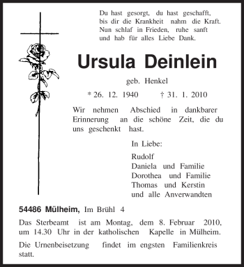 Todesanzeige von Ursula Deinlein von TRIERISCHER VOLKSFREUND