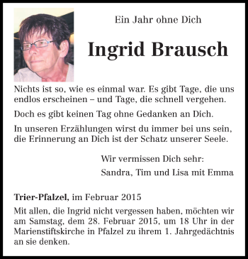 Todesanzeige von Ingrid Brausch von trierischer_volksfreund