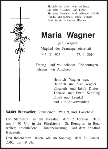Todesanzeige von Maria Wagner von TRIERISCHER VOLKSFREUND