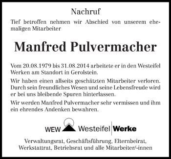 Todesanzeige von Manfred Pulvermacher von trierischer_volksfreund