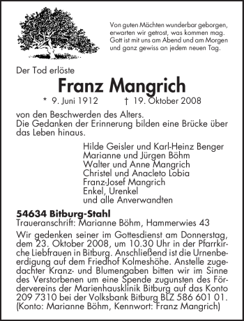 Todesanzeige von Franz Mangrich von TRIERISCHER VOLKSFREUND