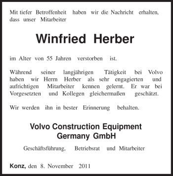 Todesanzeige von Winfried Herber von TRIERISCHER VOLKSFREUND