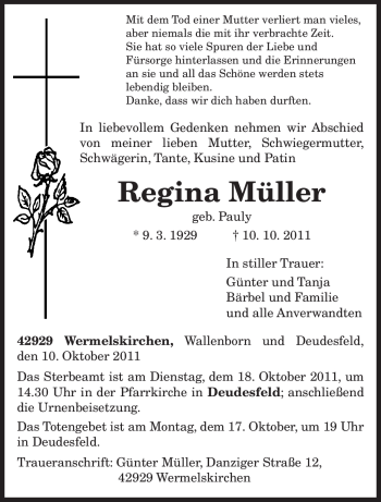 Todesanzeige von Regina Müller von TRIERISCHER VOLKSFREUND