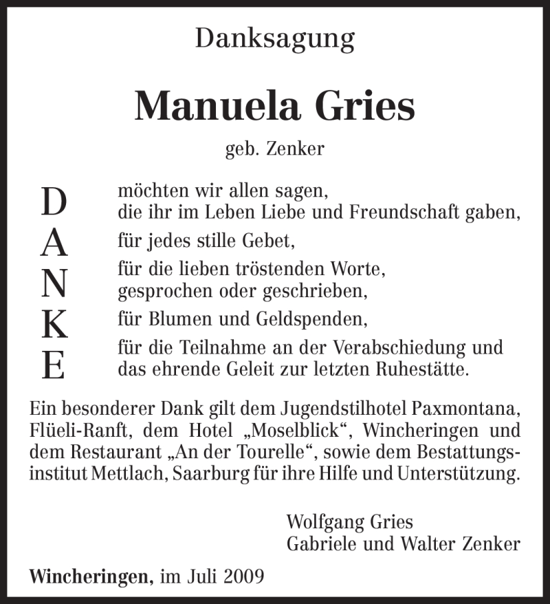  Traueranzeige für Manuela Gries vom 25.07.2009 aus TRIERISCHER VOLKSFREUND