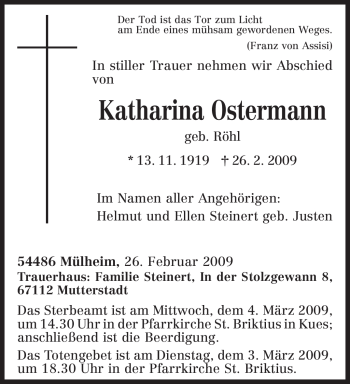 Todesanzeige von Katharina Ostermann von TRIERISCHER VOLKSFREUND
