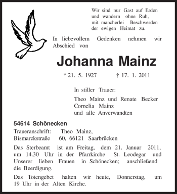 Todesanzeige von Johanna Mainz von TRIERISCHER VOLKSFREUND