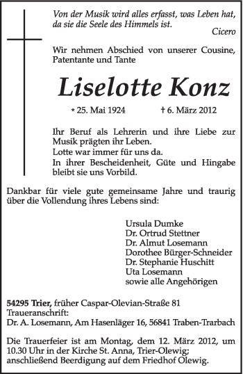 Todesanzeige von Lieselotte Konz von TRIERISCHER VOLKSFREUND