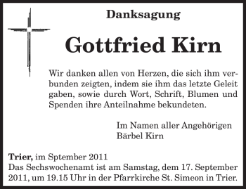 Todesanzeige von Gottfried Kirn von TRIERISCHER VOLKSFREUND